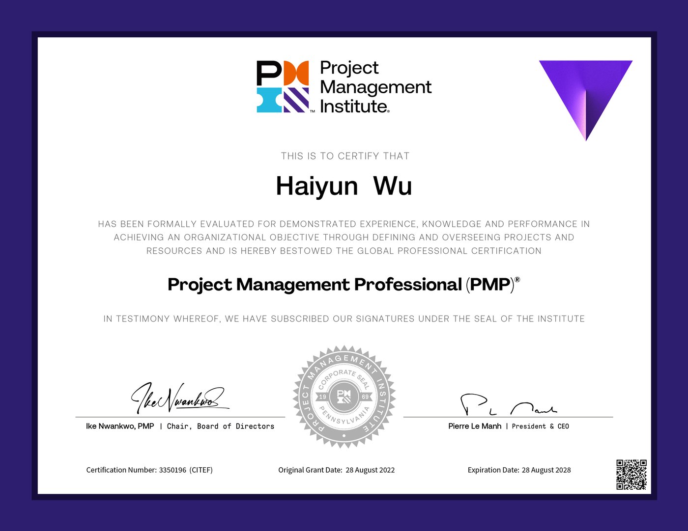 PMI Project Management Professional (PMP) certificate