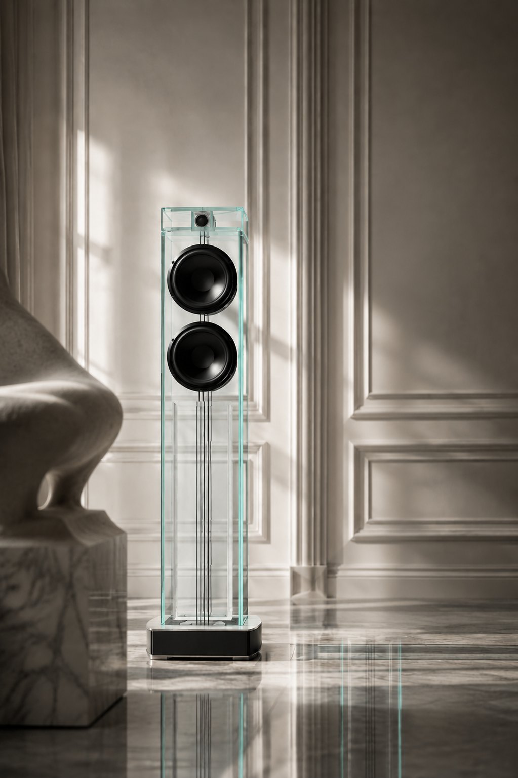 A glass loudspeaker indoors